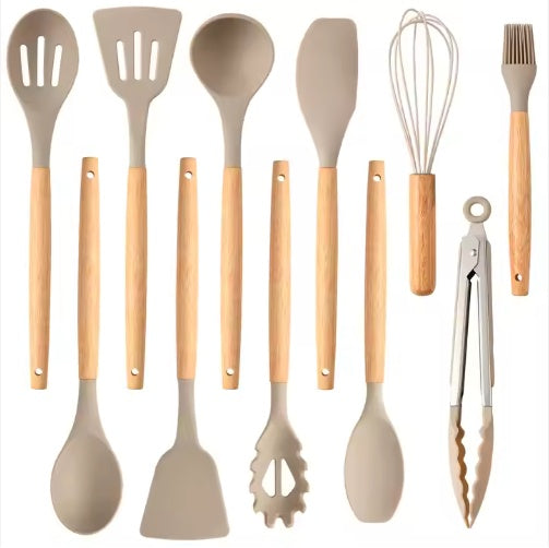 12-Piece Silicone Kitchen Cooking Utensils Set | Heat-Resistant Wooden Handle, Khaki