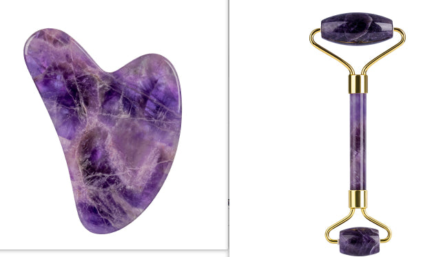 Amethyst Roller & Heart-Shaped Gua Sha Massager Set | Crystal Face Massage Tools