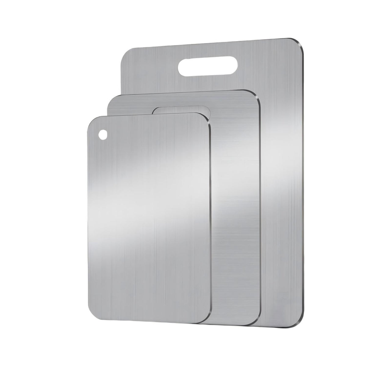 Two rectangular stainless steel cutting boards shown side by side