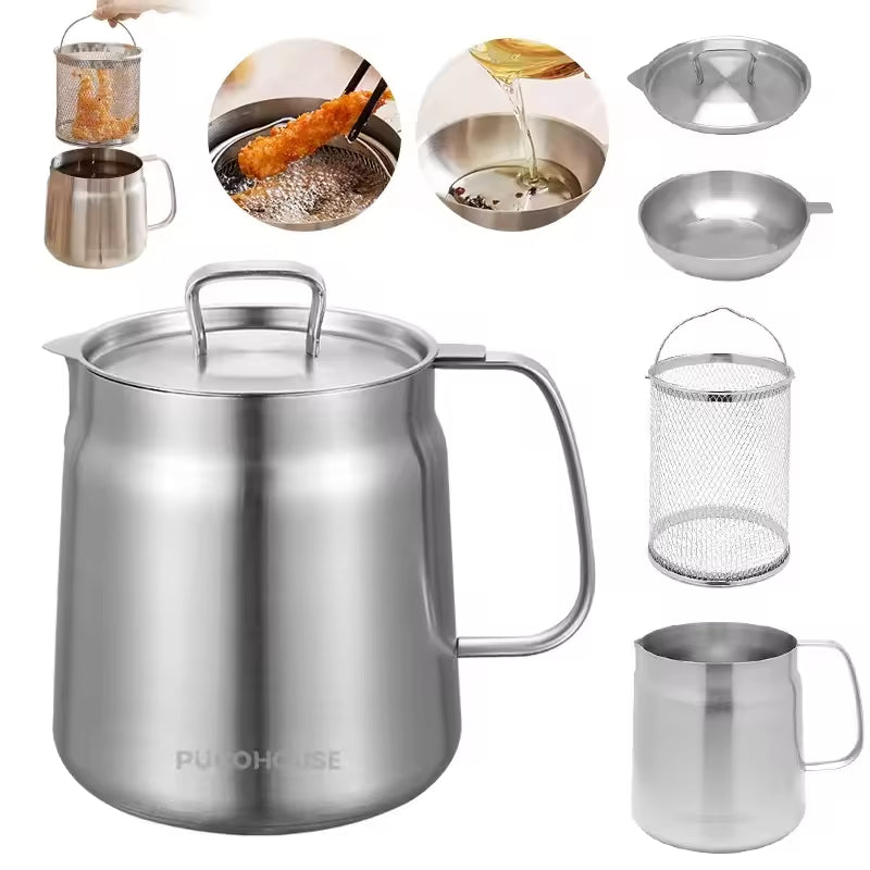 2L Stainless Steel Oil Filter Pot with Fine Mesh Strainer - Reusabl...