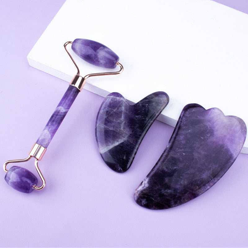 Amethyst Roller & Heart-Shaped Gua Sha Massager Set | Crystal Face Massage Tools