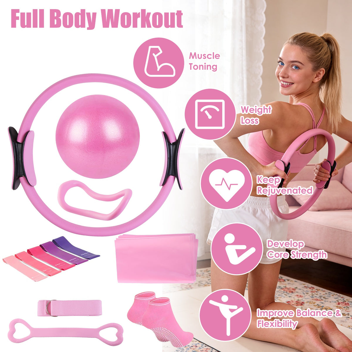 14-Piece Pilates Kit for Women | Yoga Ball, Resistance Bands, Arm Stretcher & More