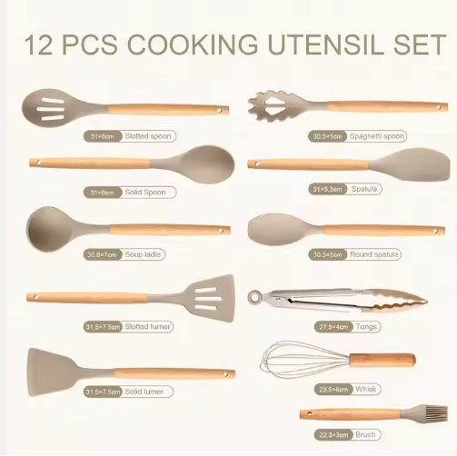 12-Piece Silicone Kitchen Cooking Utensils Set | Heat-Resistant Wooden Handle, Khaki