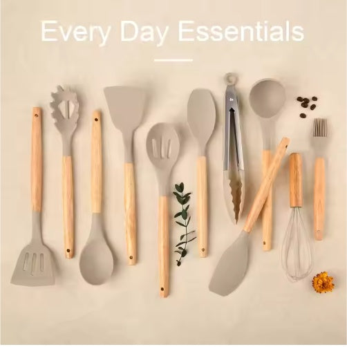 12-Piece Silicone Kitchen Cooking Utensils Set | Heat-Resistant Wooden Handle, Khaki