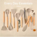 12-Piece Silicone Kitchen Cooking Utensils Set | Heat-Resistant Wooden Handle, Khaki