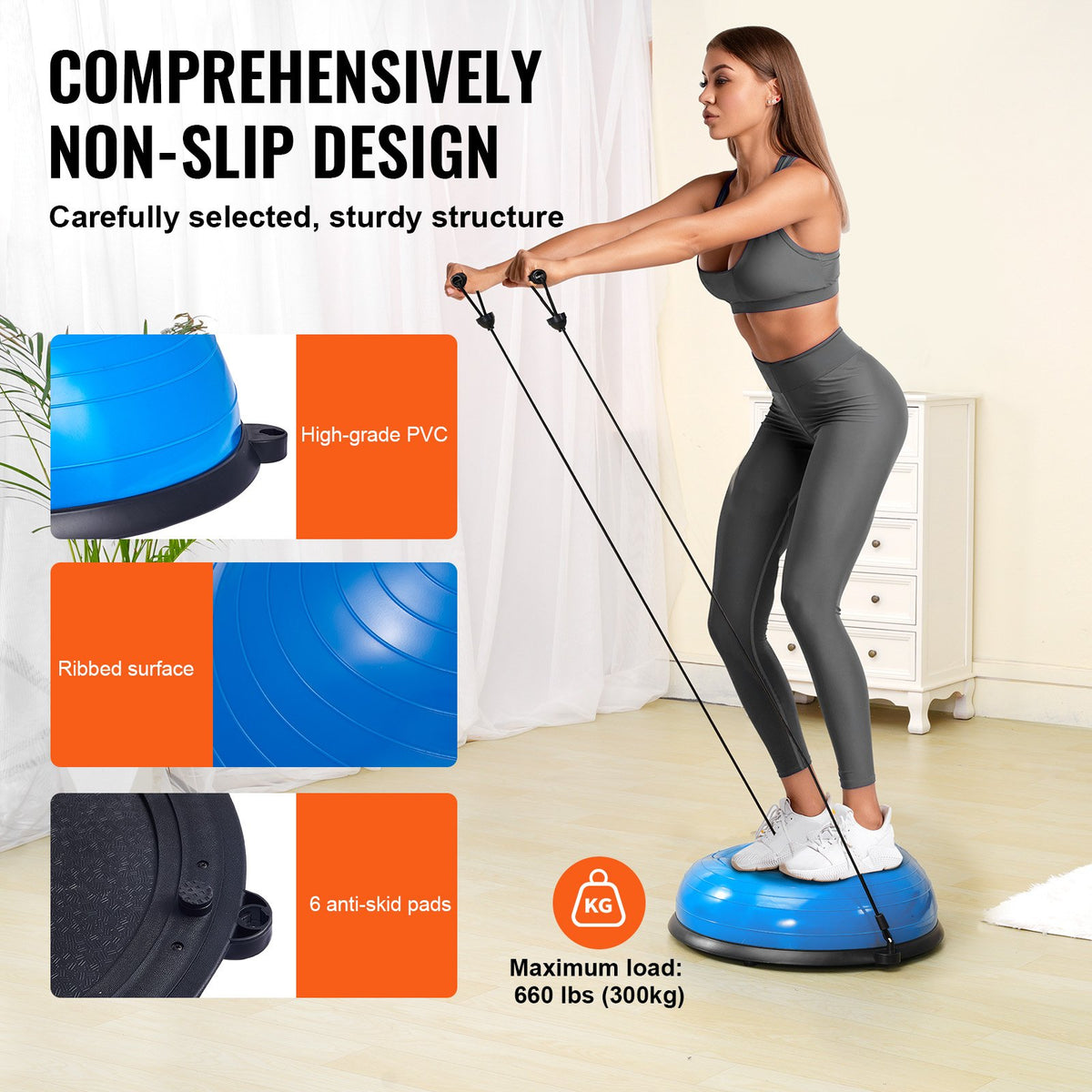 Half Exercise Ball Trainer, 23 Inch Balance Ball Trainer, 660lbs Capacity Stability Ball, Yoga Ball With Resistance Bands & Foot Pump, Strength Fitness Ball For Home Gym, Full Body Workout, Blue