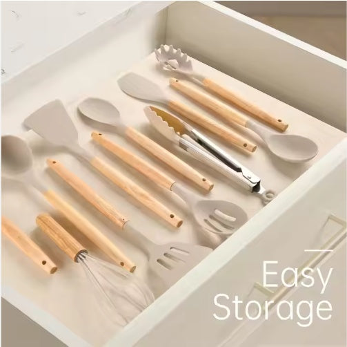 12-Piece Silicone Kitchen Cooking Utensils Set | Heat-Resistant Wooden Handle, Khaki
