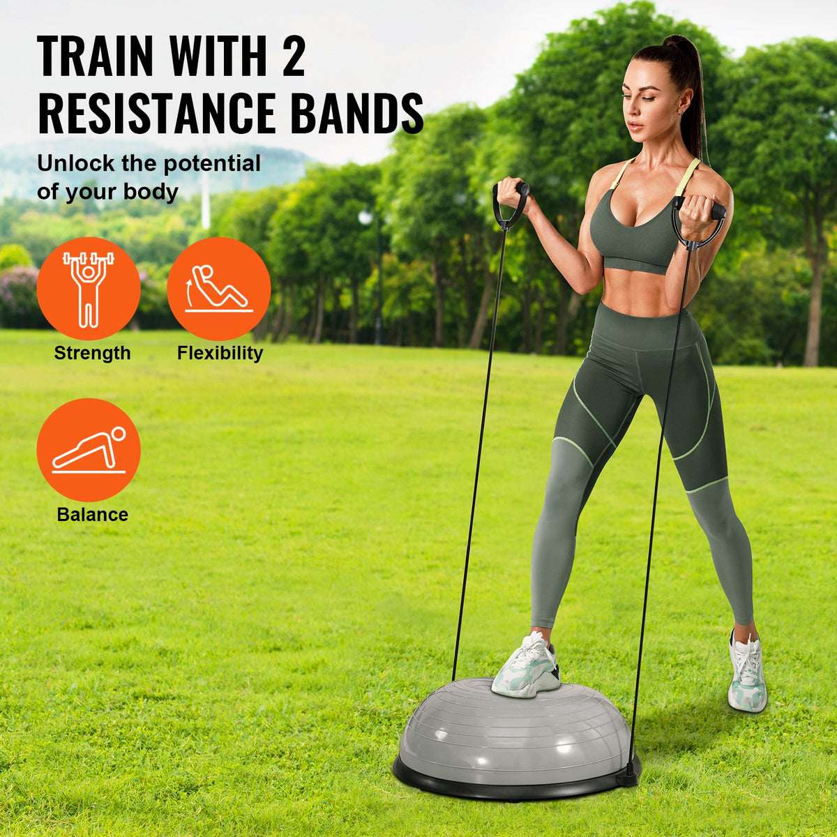 Half Exercise Ball Trainer, 23 Inch Balance Ball Trainer, 660lbs Capacity Stability Ball, Yoga Ball With Resistance Bands & Foot Pump, Strength Fitness Ball For Home Gym, Full Body Workout, Gray