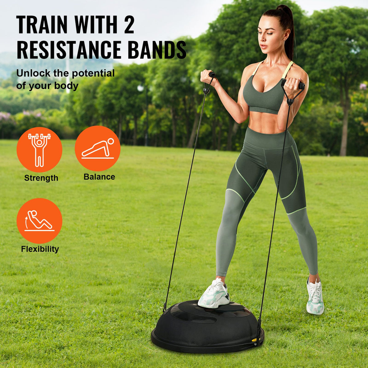 Half Exercise Ball Trainer, 26 Inch Balance Ball Trainer, 1500lbs Capacity Stability Ball, Yoga Ball With Resistance Bands & Foot Pump, Strength Fitness Ball For Home Gym Full Body Workout Black