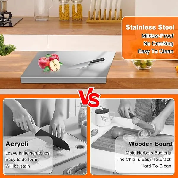 Large 304 Stainless Steel Cutting Board with Counter Lip & Non-Slip Pad, 40×50 cm