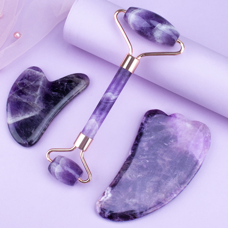 Amethyst Roller & Heart-Shaped Gua Sha Massager Set | Crystal Face Massage Tools