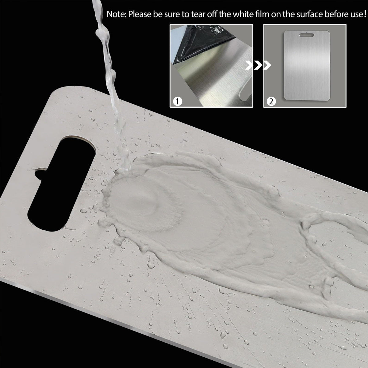 Close-up of a stainless steel cutting board with a hanging hole