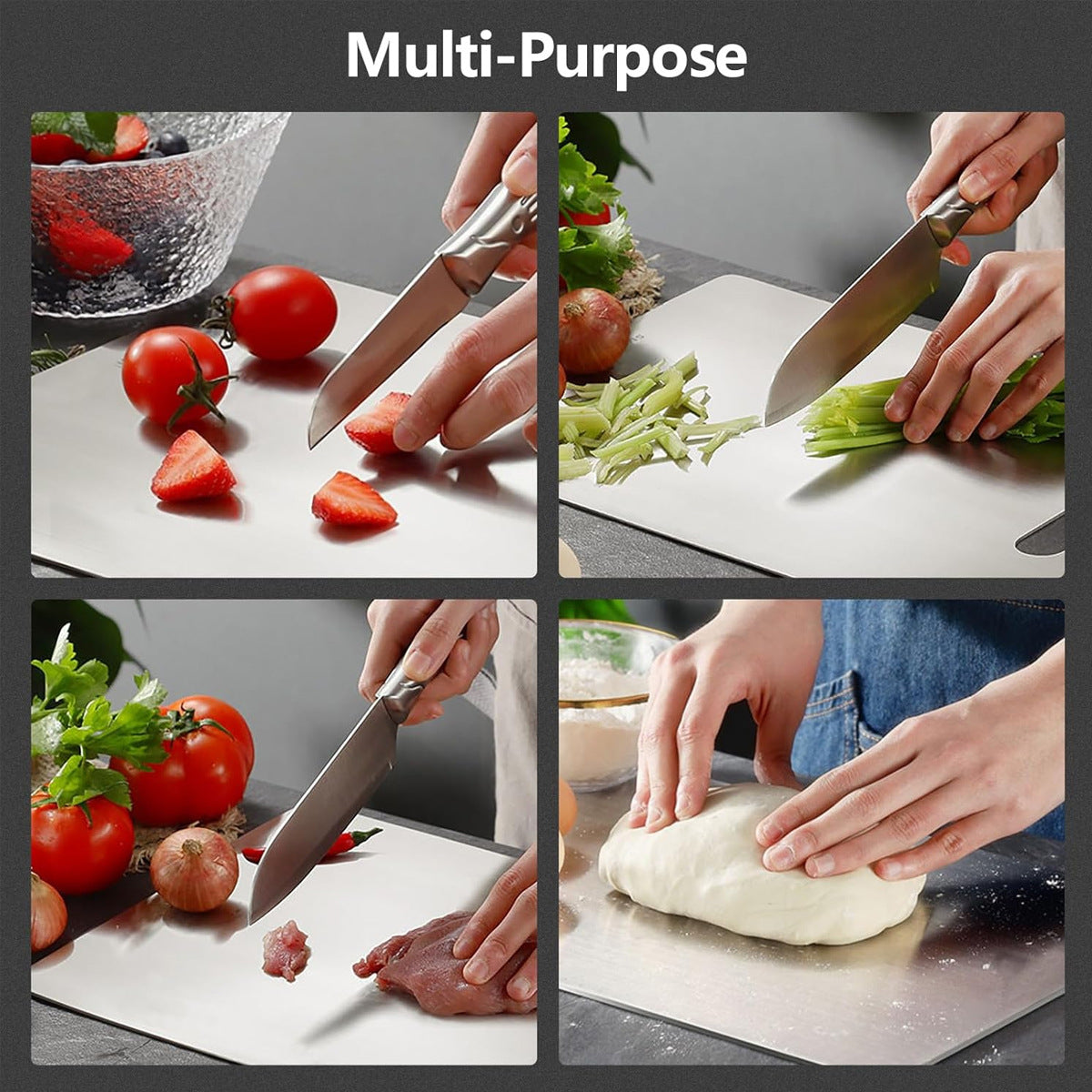 Collage showing vegetables and food preparation on a stainless steel cutting board