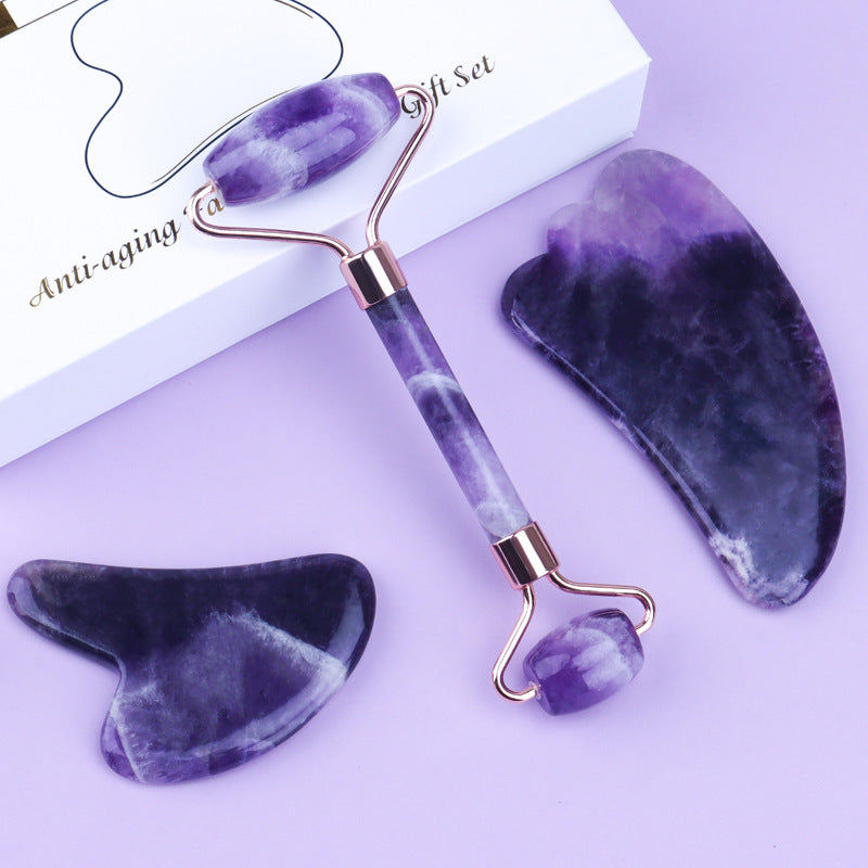 Amethyst Roller & Heart-Shaped Gua Sha Massager Set | Crystal Face Massage Tools